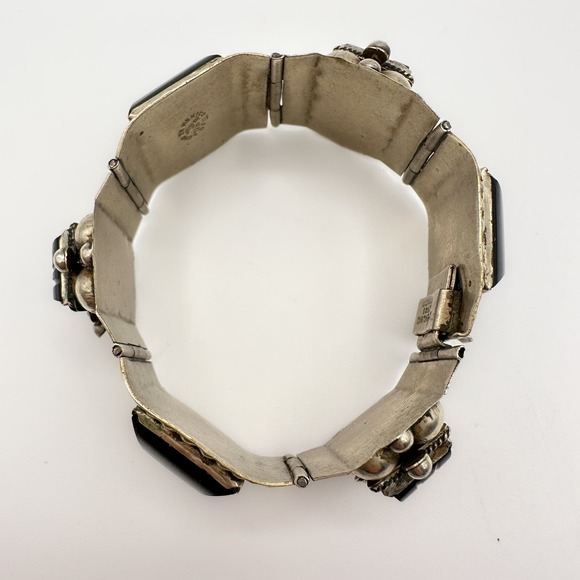 Taxco Mexican Sterling Silver Aztec Panel Bracelet w Hand Carved Onyx Signed JPR - Picture 12 of 13